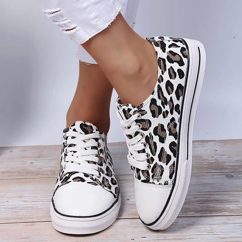 Women thick sole flat lace up casual leopard sneakers