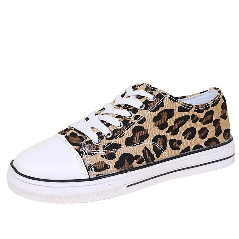 Women thick sole flat lace up casual leopard sneakers