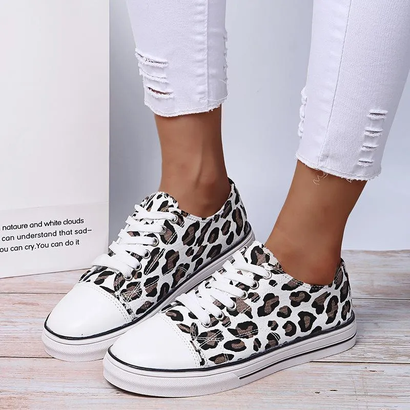 Women thick sole flat lace up casual leopard sneakers