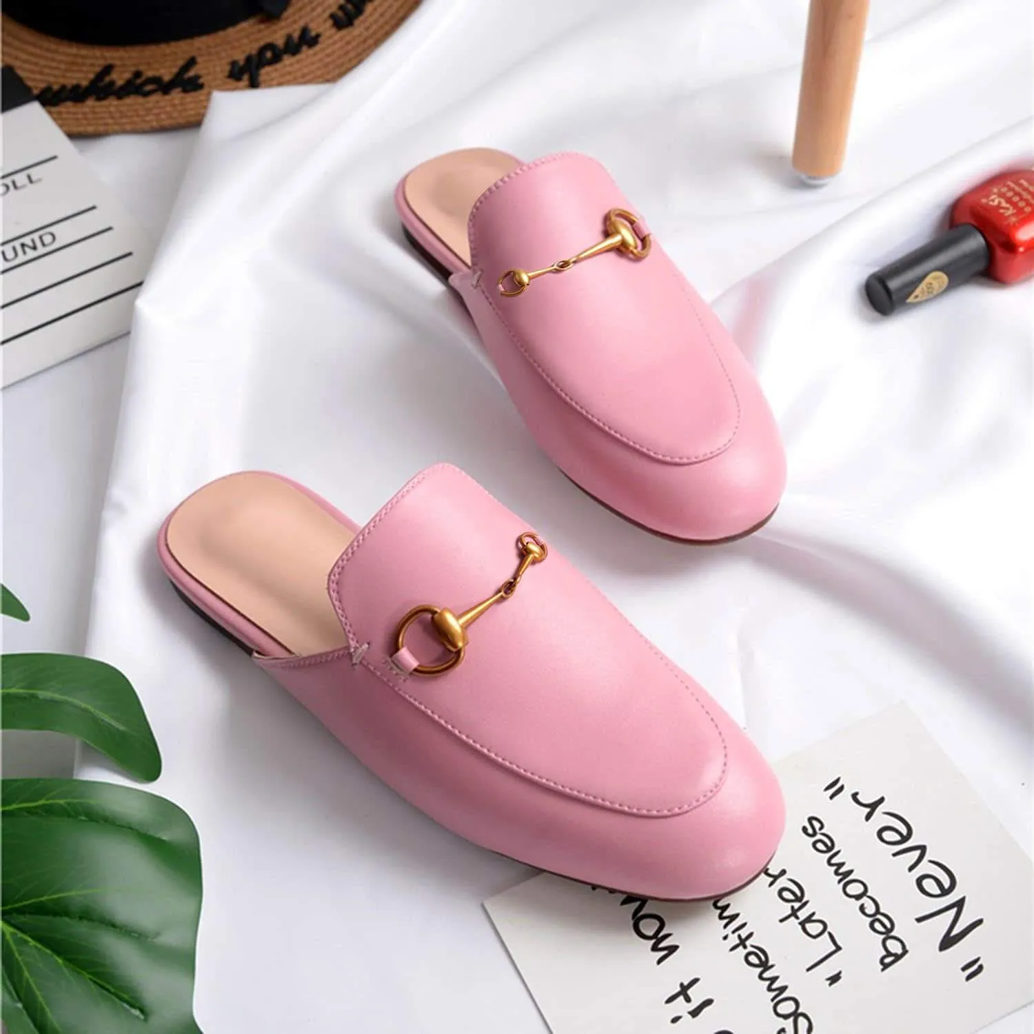 Womens Oxford Slide Slip On Flat Mules Shoes